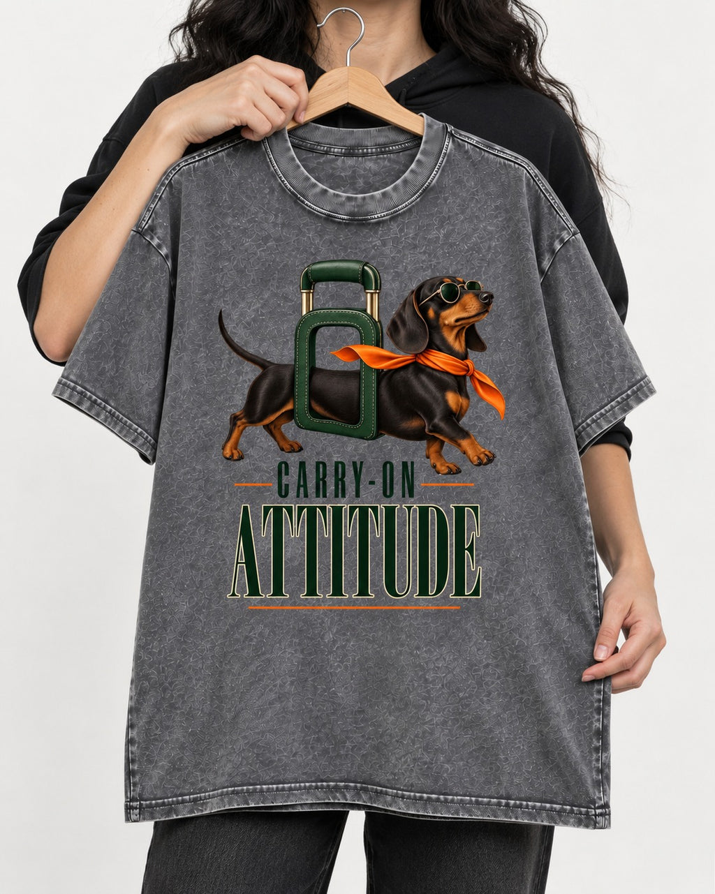Dachshund Carry on Attitude Washed Tee in Gray, held up on a hanger