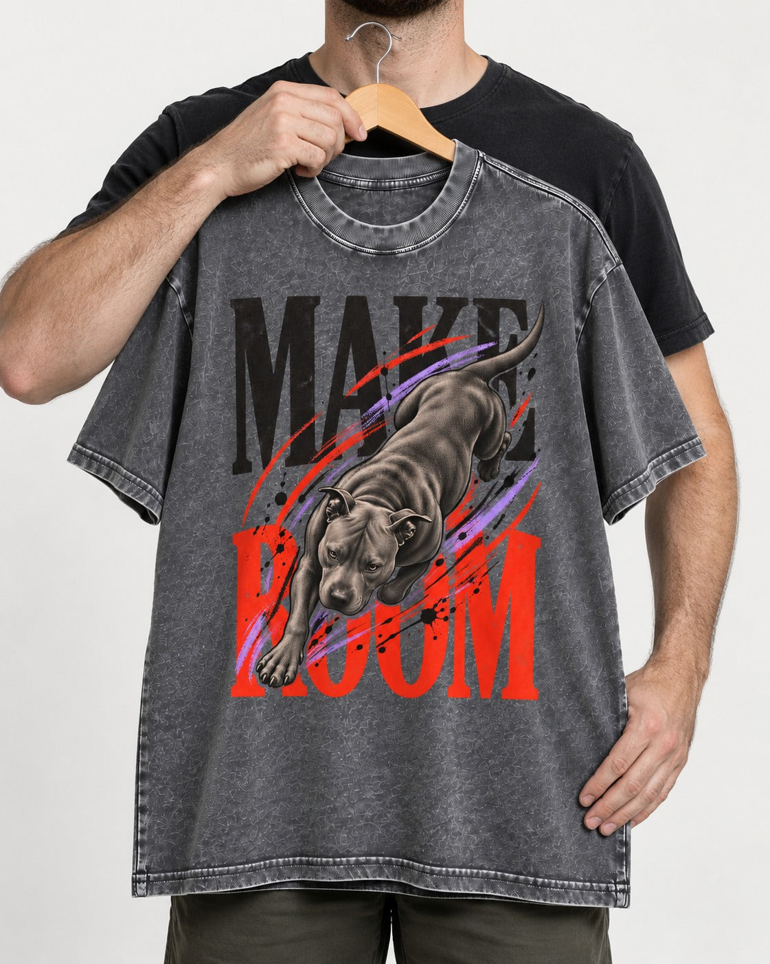 Make Room for Pitbull Washed Tee in Gray, held up on a hanger
