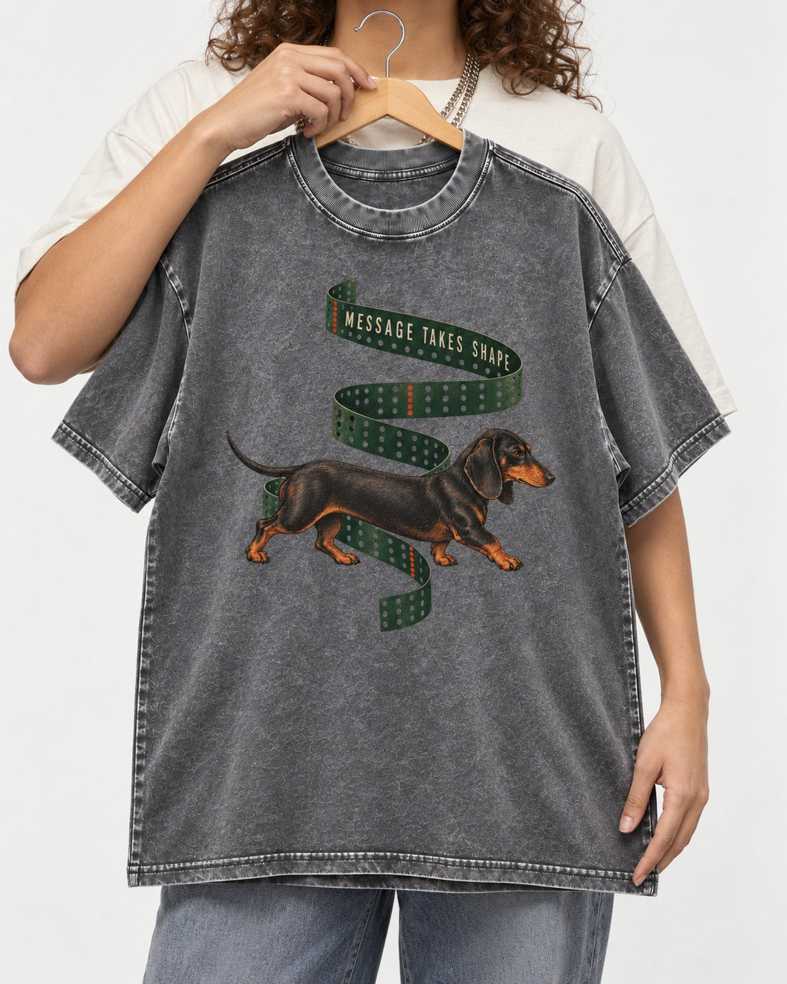Dachshund Message Takes Shape Washed Tee in Gray, held up on a hanger