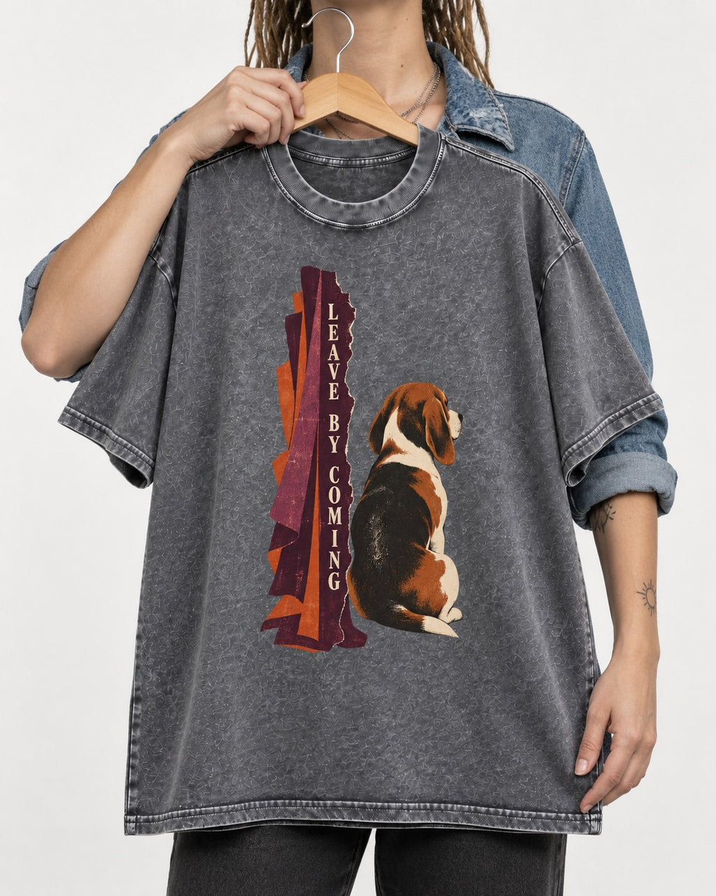Leave By Coming Beagle Companion Washed Tee in Gray, held up on a hanger