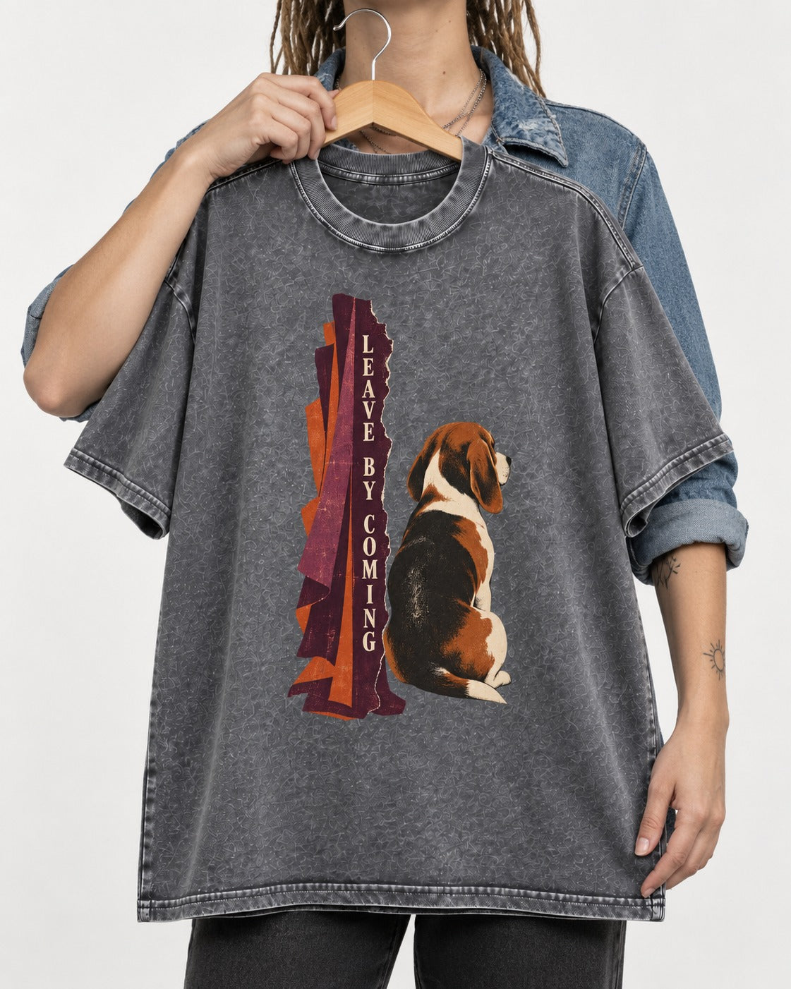 Leave By Coming Beagle Companion Washed Tee in Gray, held up on a hanger