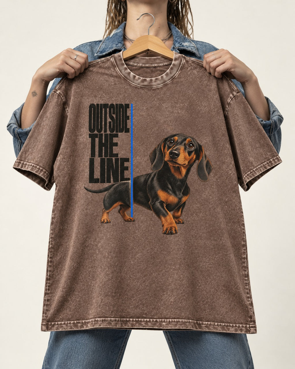 Dachshund Outside the Line Washed Tee in Coffee, held up on a hanger
