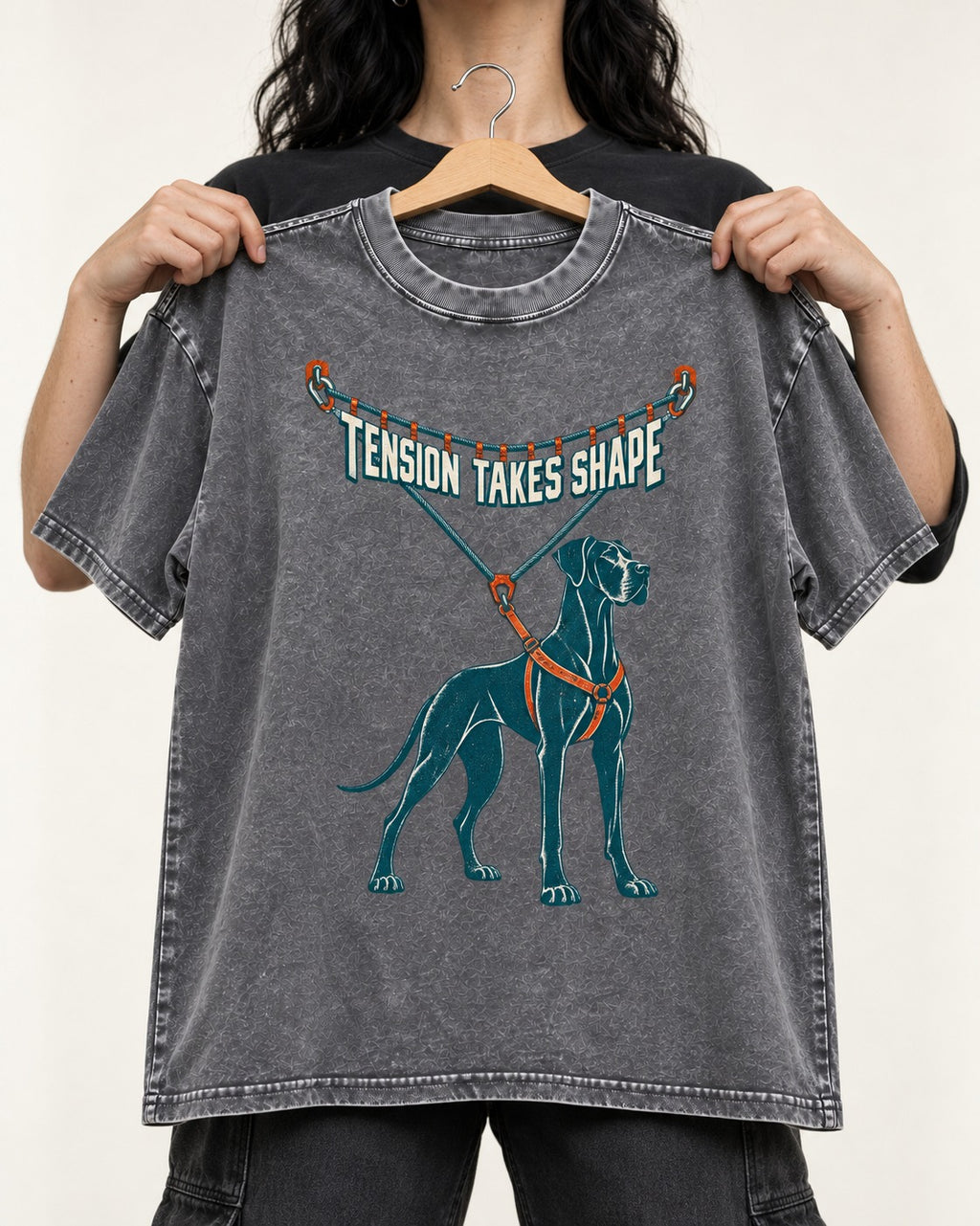 Great Dane Tension Takes Shape Washed Tee in Gray, held up on a hanger