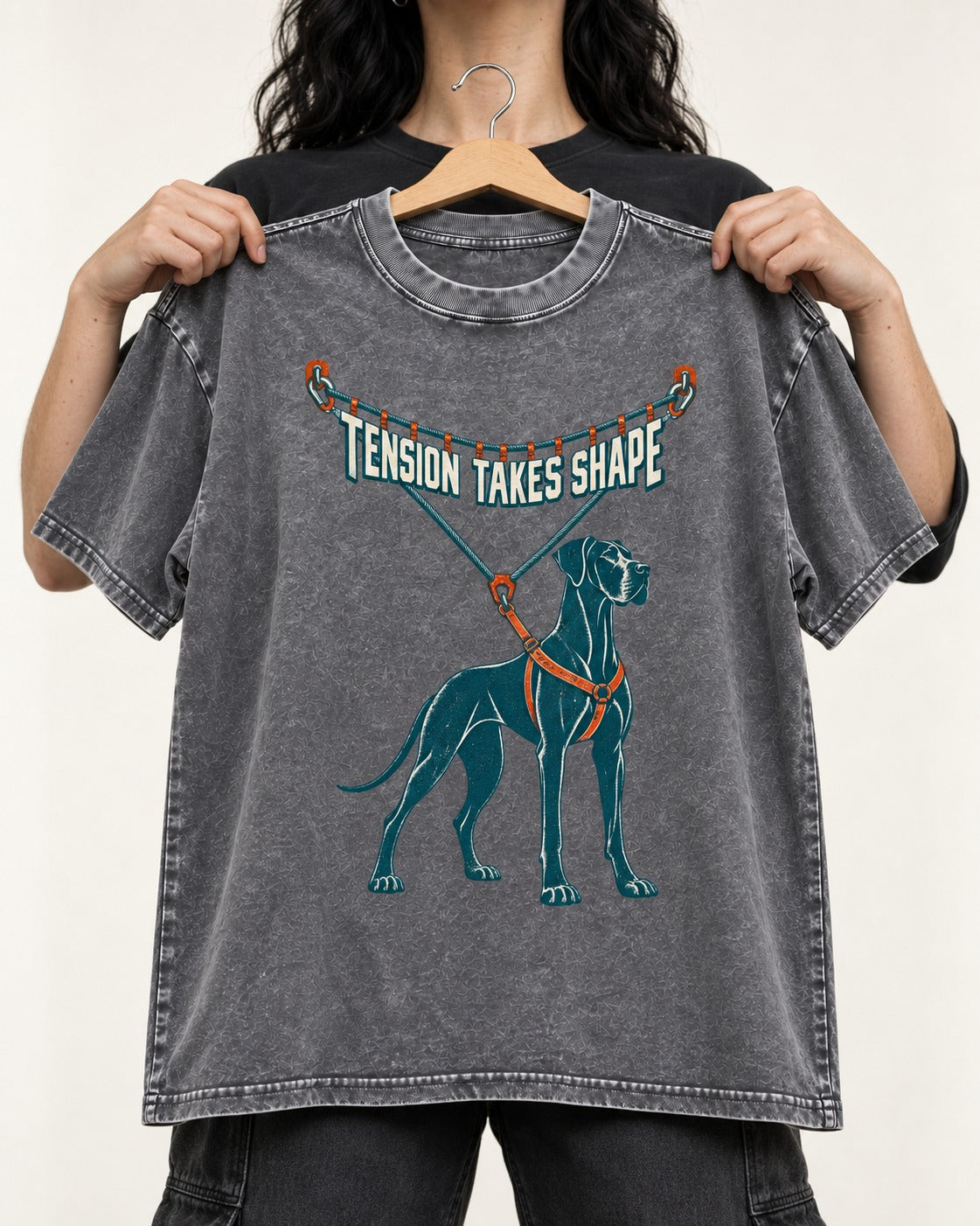 Great Dane Tension Takes Shape Washed Tee in Gray, held up on a hanger