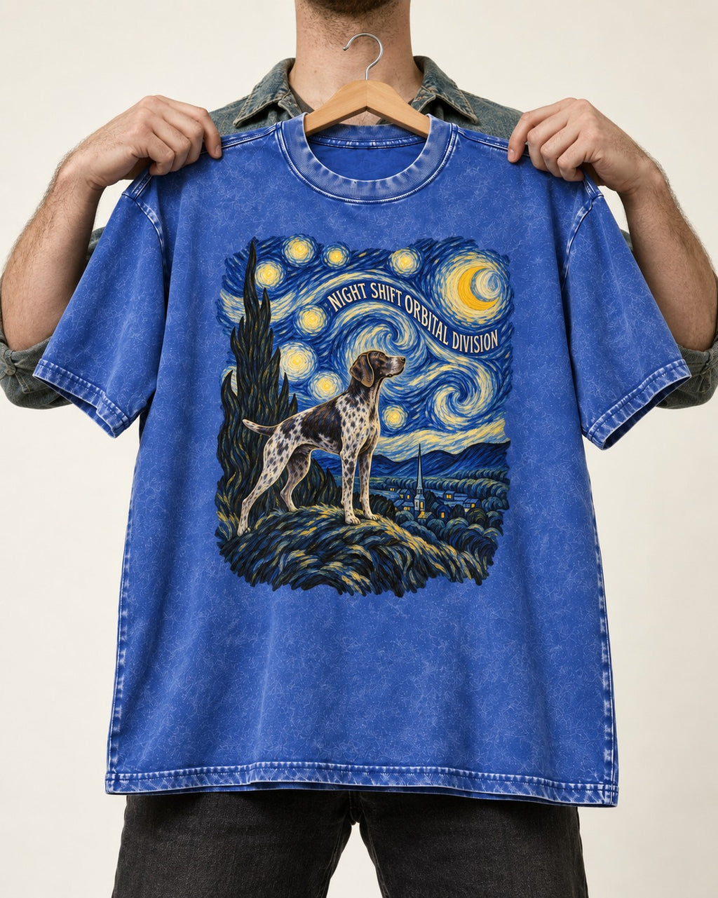 German Shorthaired Pointer Night Shift Orbital Division Starry Night Graphic Washed Tee in Royal Blue, held up on a hanger