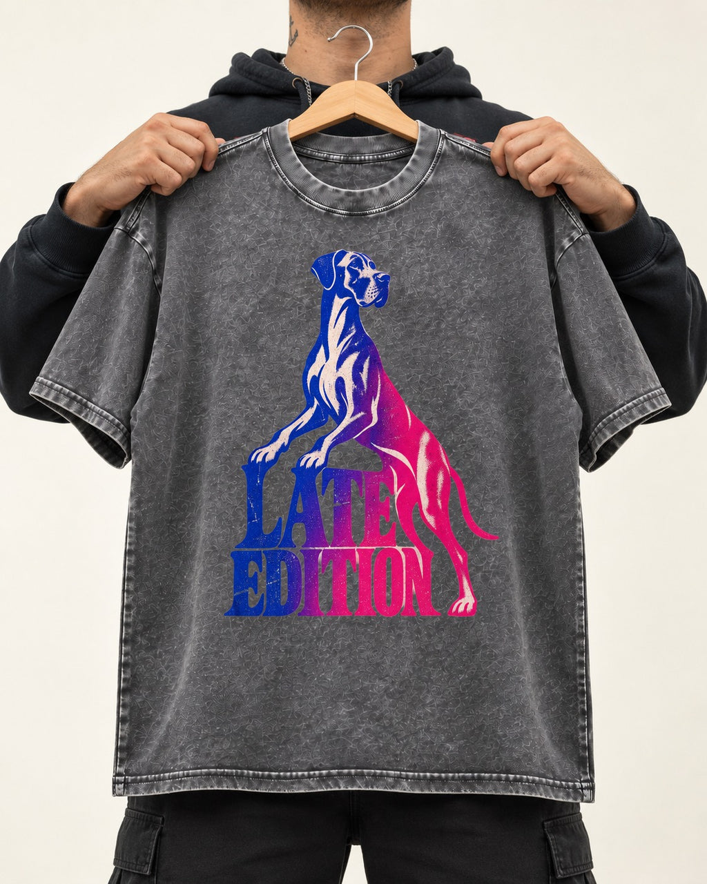 Great Dane Latest Edition Gradient Graphic Washed Tee in Gray, held up on a hanger