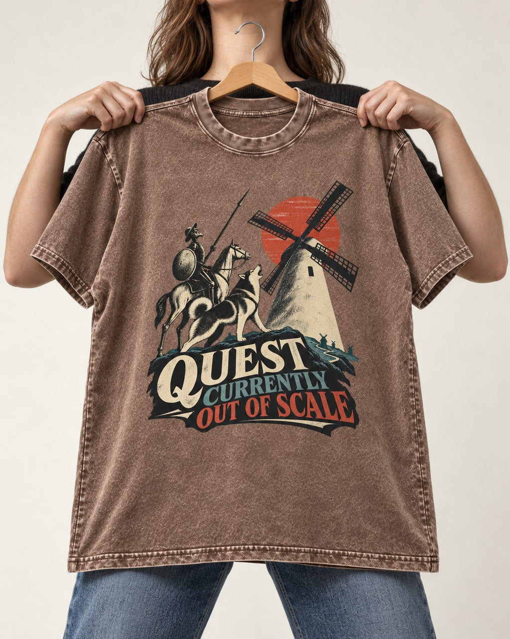 Husky Quest Out of Scale Washed Tee in Coffee, held up on a hanger
