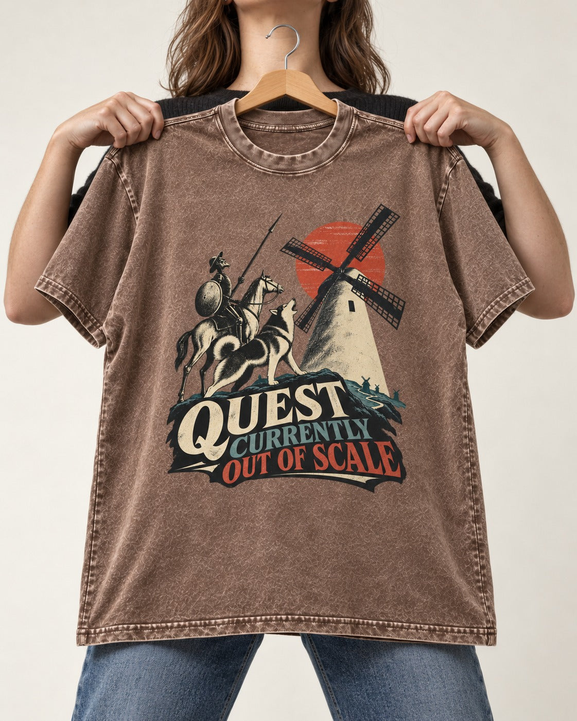 Husky Quest Out of Scale Washed Tee in Coffee, held up on a hanger