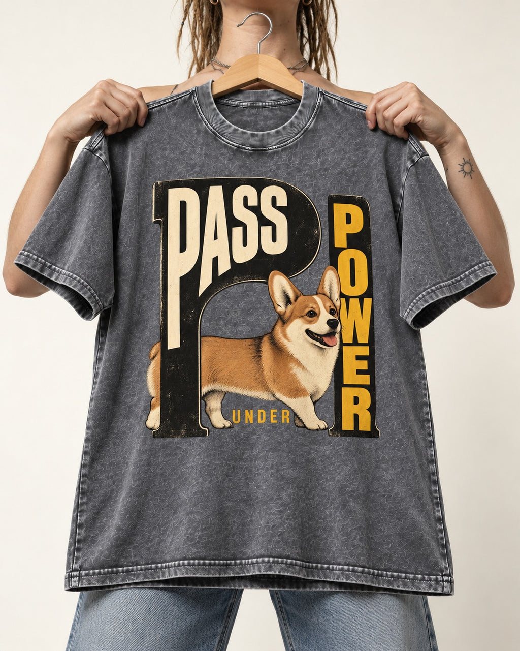 Corgi Power Washed Tee in Gray, held up on a hanger