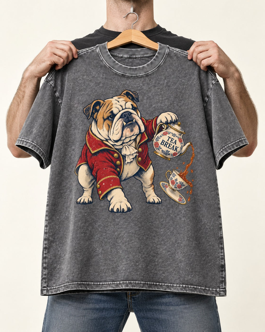 English Bulldog Tea Break Washed Tee in Gray, held up on a hanger