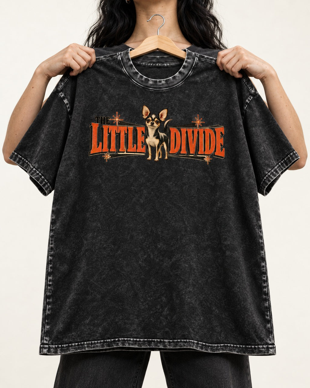 Chihuahua The Little Divide Retro Sign Graphic Washed Tee in Black, held up on a hanger