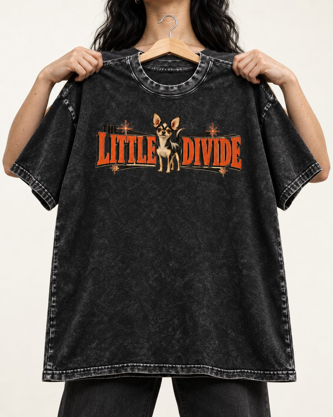 Chihuahua The Little Divide Retro Sign Graphic Washed Tee in Black, held up on a hanger