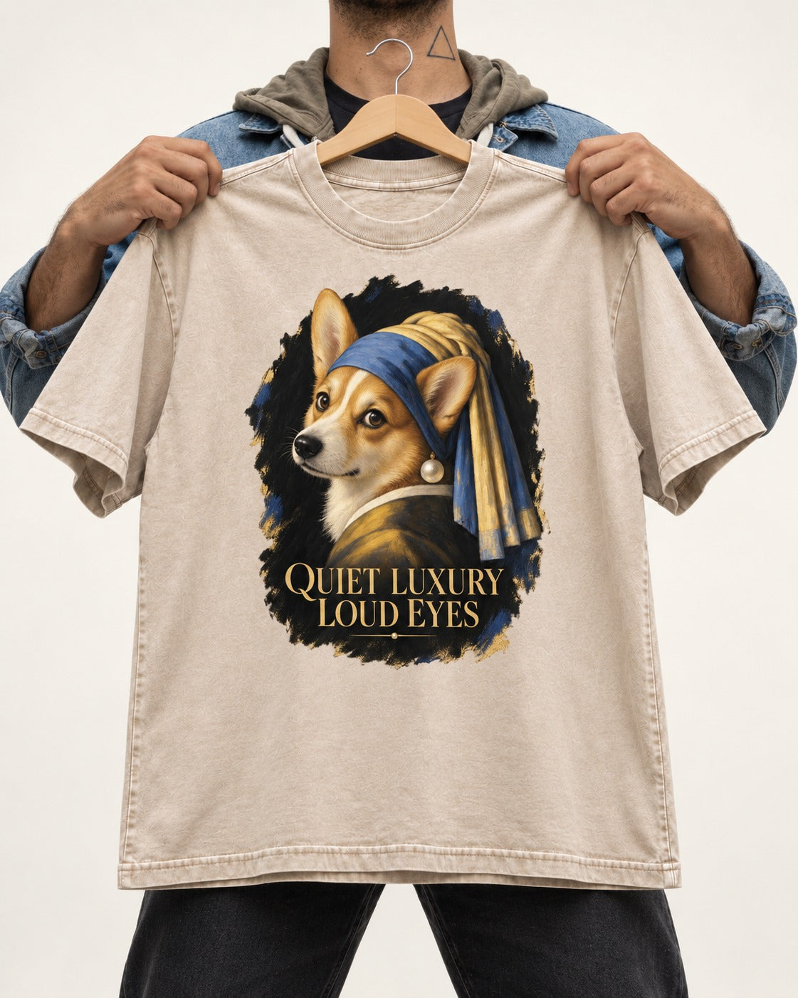 Corgi Quiet Luxury Loud Eyes Pearl Earring Portrait Washed Tee in Apricot, held up on a hanger