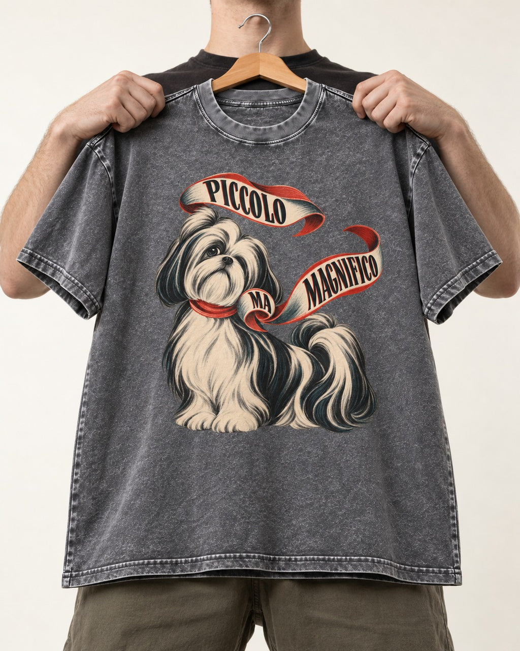 Piccolo Ma Magnifico Shih Tzu Washed Tee in Gray, held up on a hanger