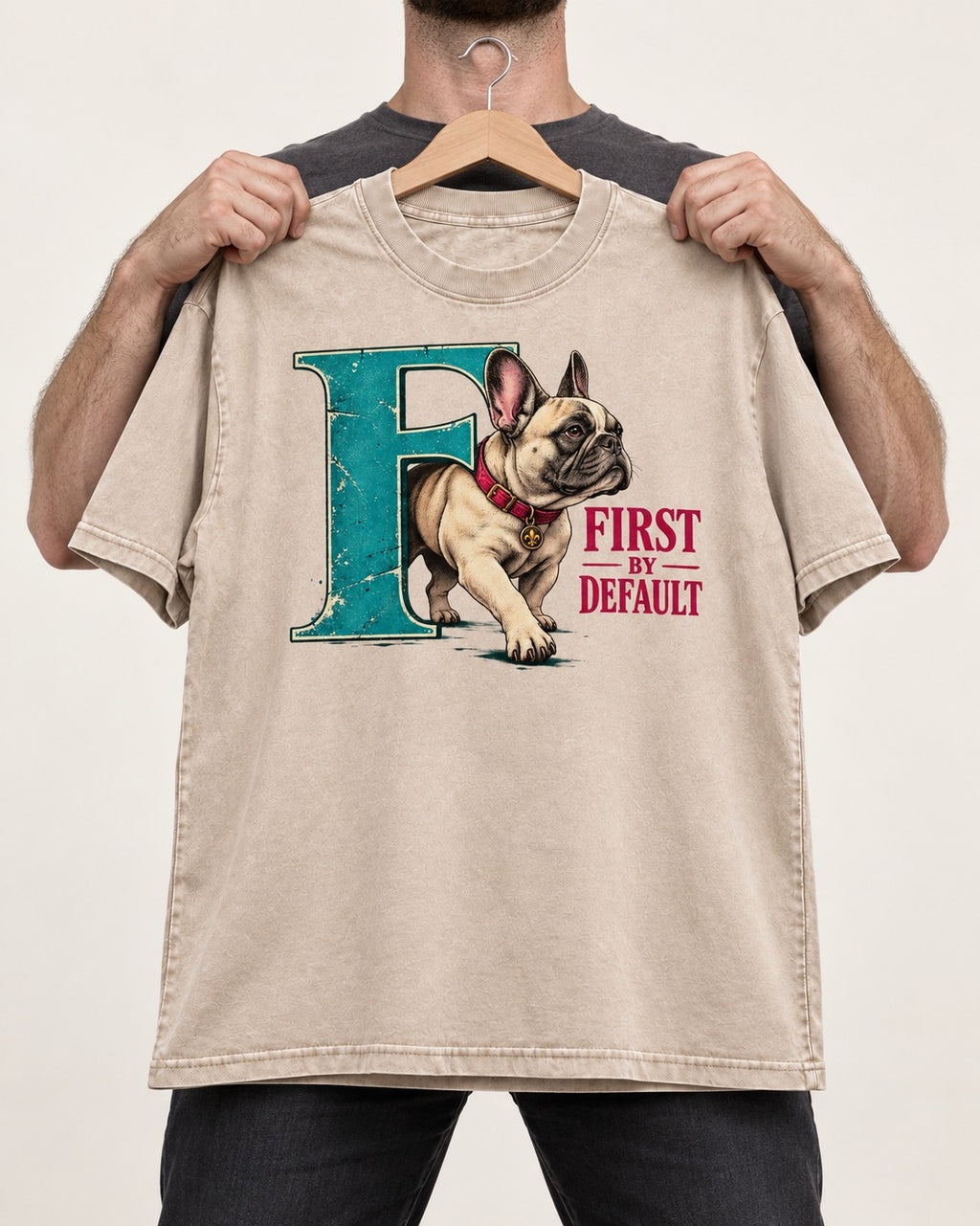 Frenchie First by Default Teal F Graphic Washed Tee in Apricot, held up on a hanger