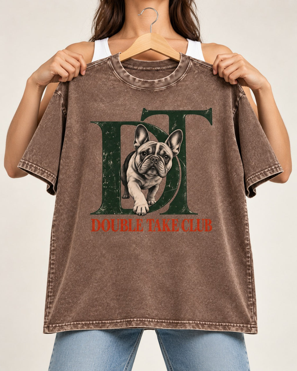 Frenchie Double Take Club Washed Tee in Coffee, held up on a hanger