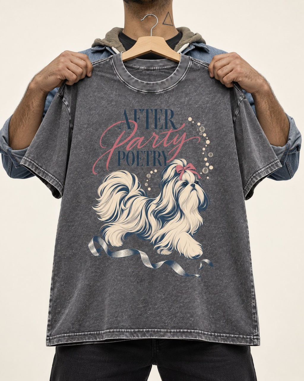 After Party Poetry Shih Tzu Washed Tee in Gray, held up on a hanger
