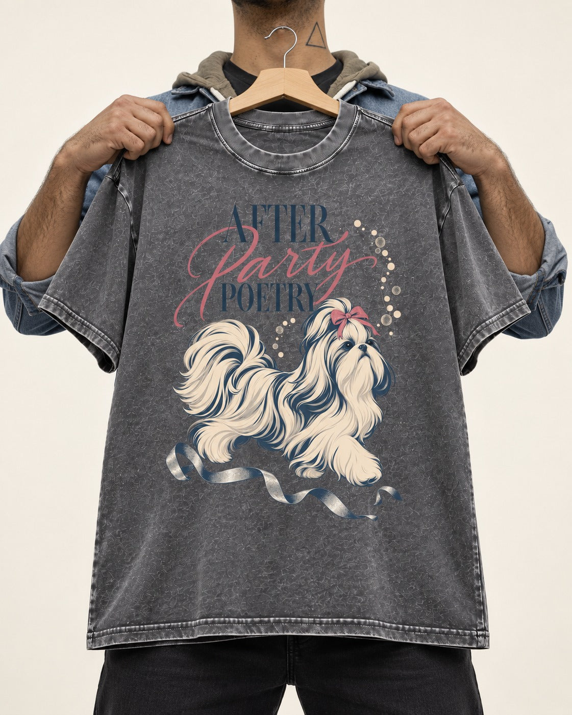 After Party Poetry Shih Tzu Washed Tee in Gray, held up on a hanger
