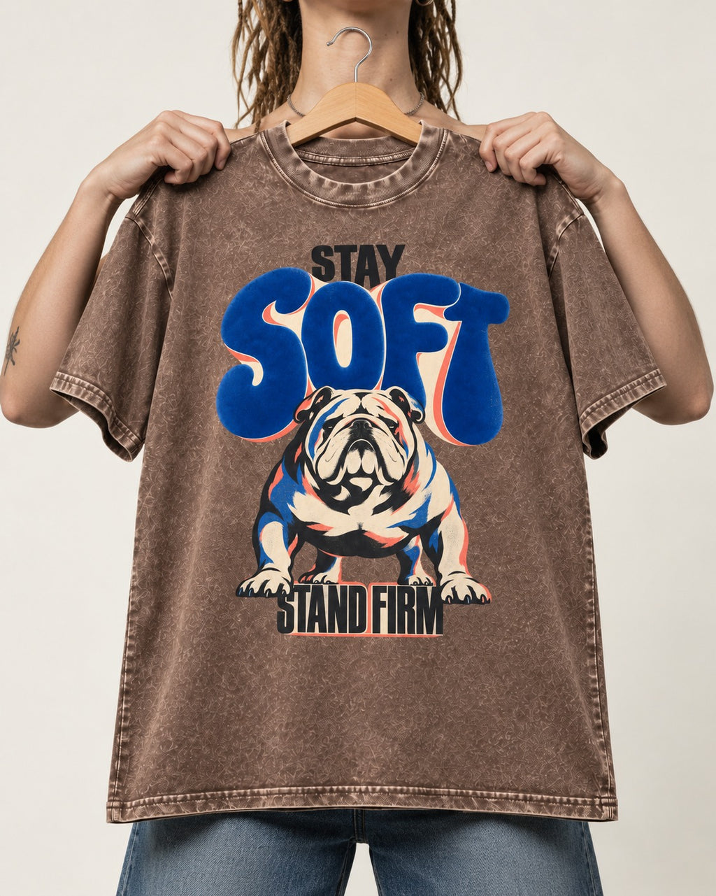 Stay Soft Stand Firm English Bulldog Washed Tee in Coffee, held up on a hanger