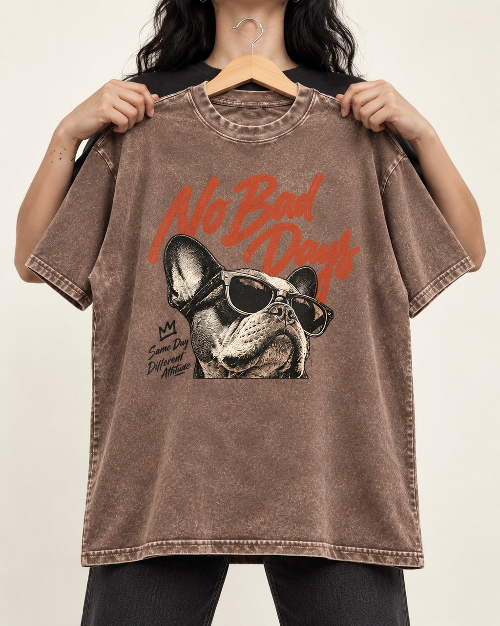Frenchie No Bad Days Washed Tee in Coffee, held up on a hanger