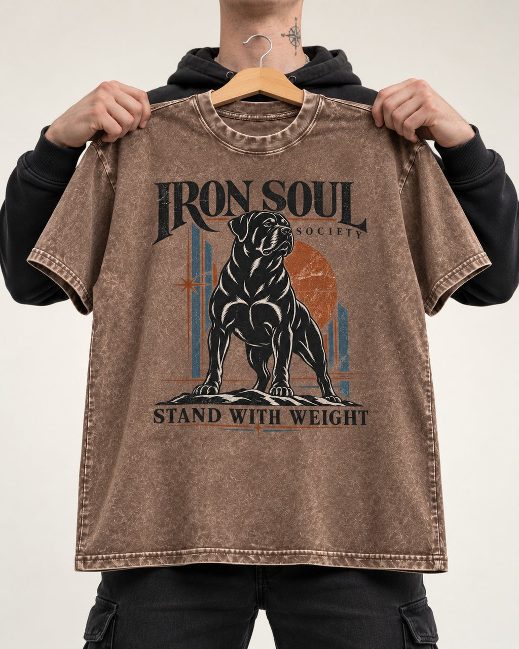 Rottweiler Iron Soul Society Washed Tee in Coffee, held up on a hanger