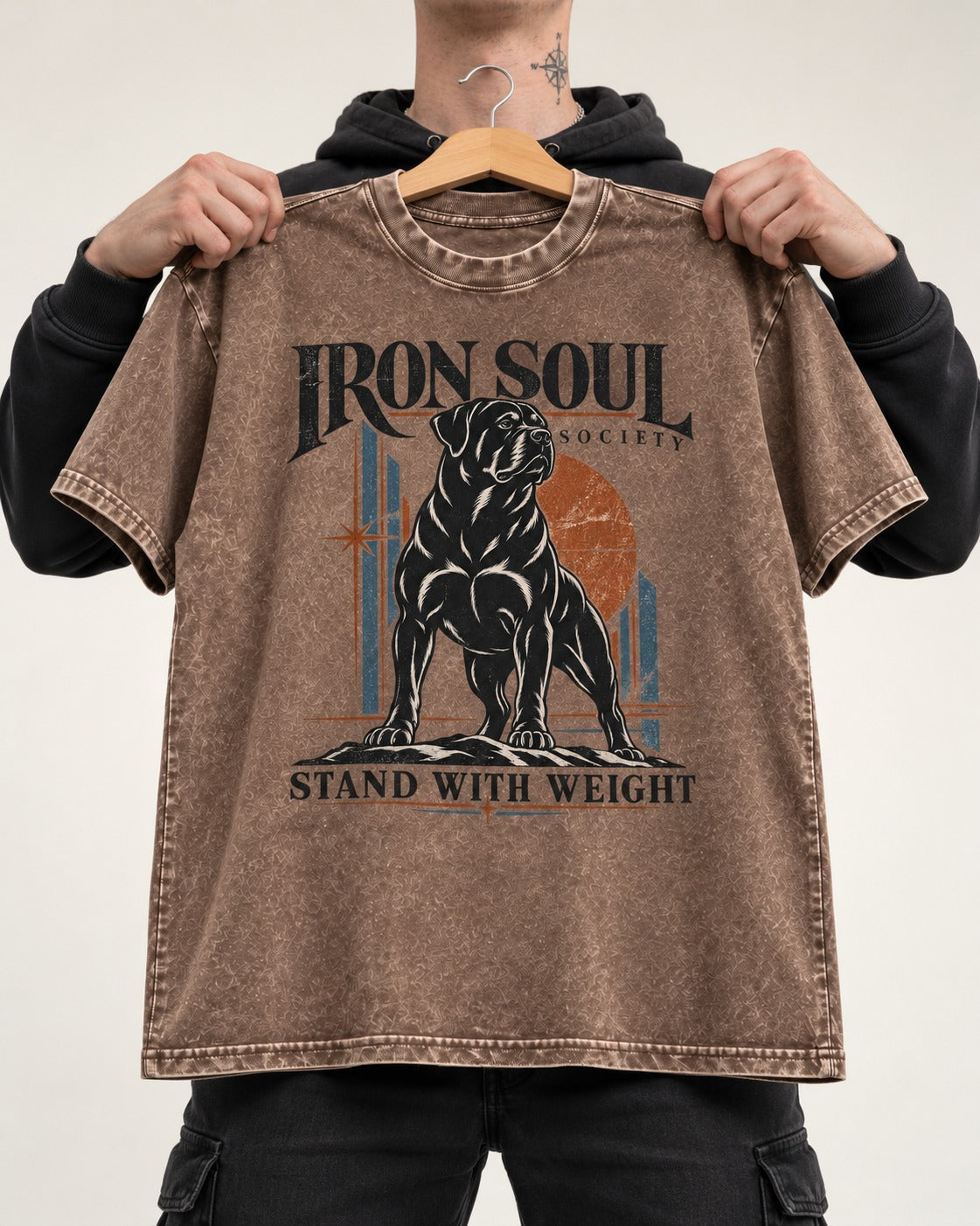 Rottweiler Iron Soul Society Washed Tee in Coffee, held up on a hanger