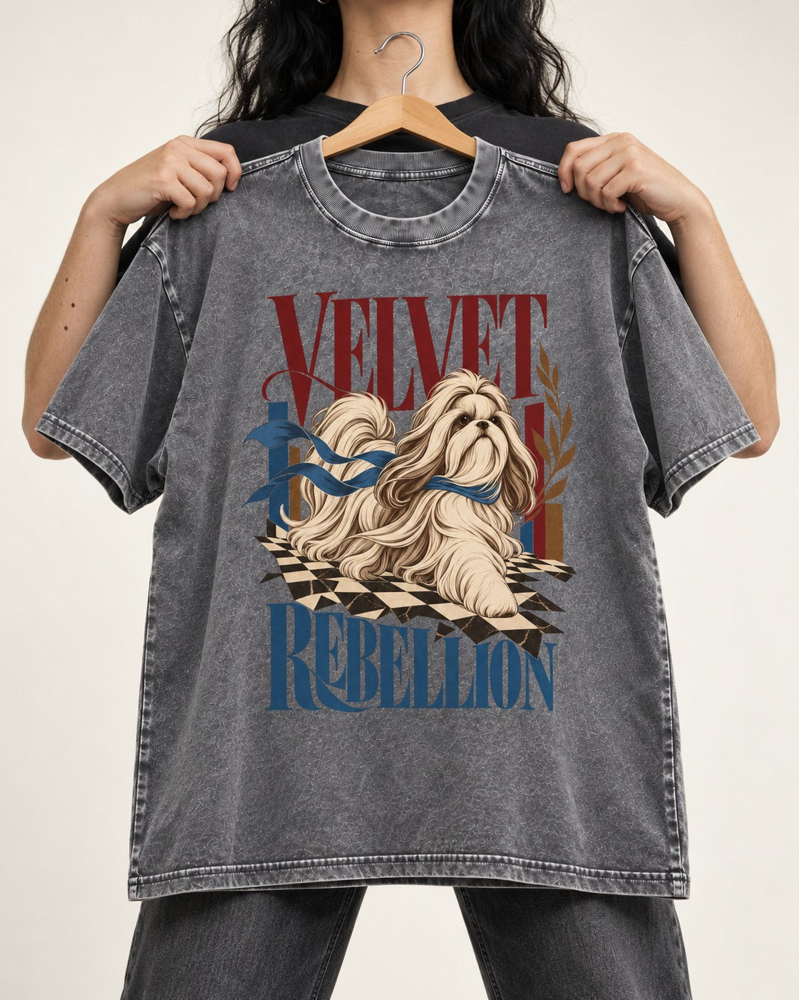 Shih Tzu Velvet Rebellion Checkerboard Graphic Washed Tee in Gray, held up on a hanger