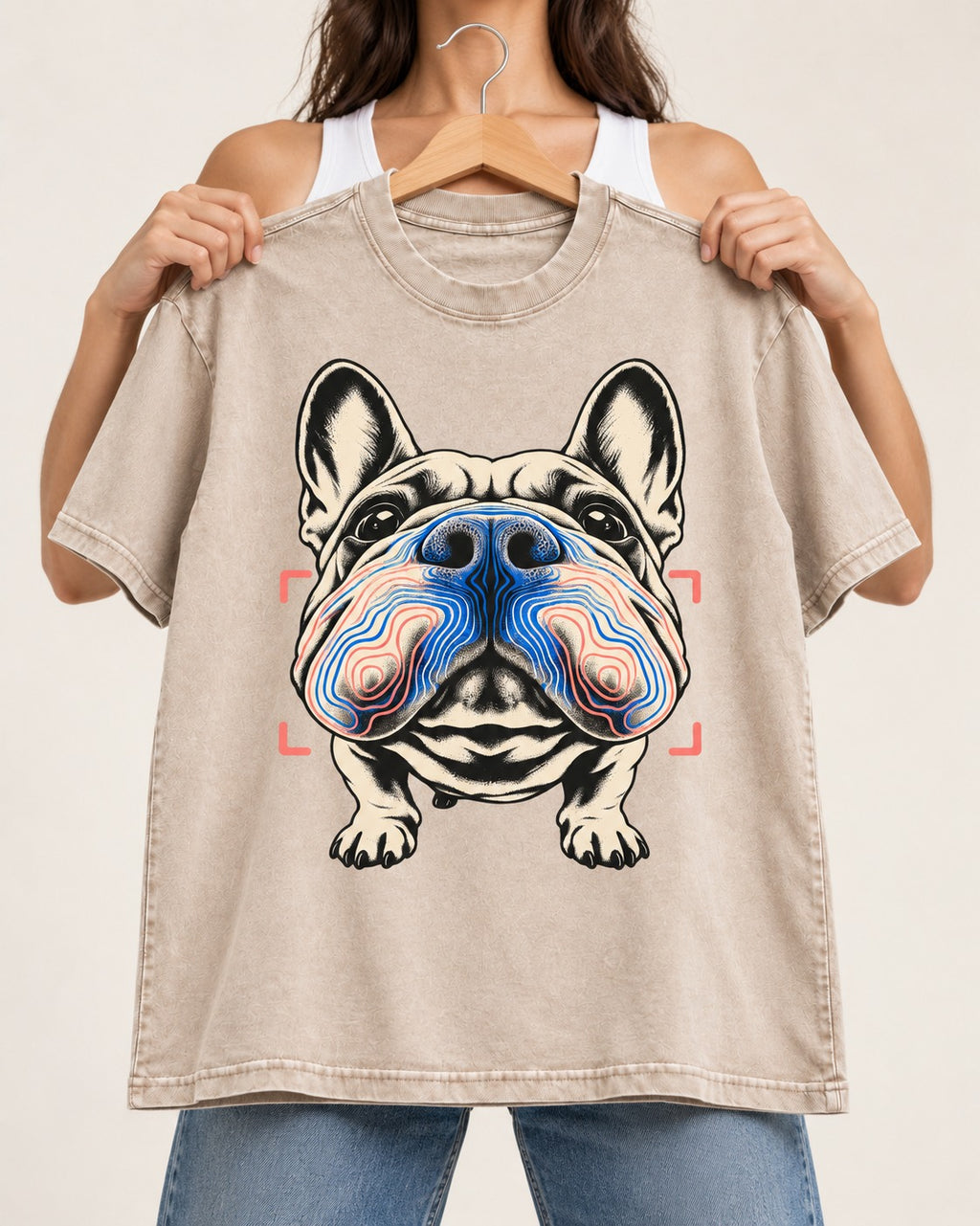 Frenchie Nose Topography Graphic Washed Tee in Apricot, held up on a hanger