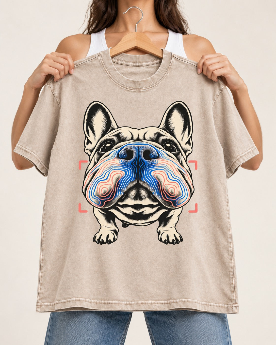 Frenchie Nose Topography Graphic Washed Tee in Apricot, held up on a hanger