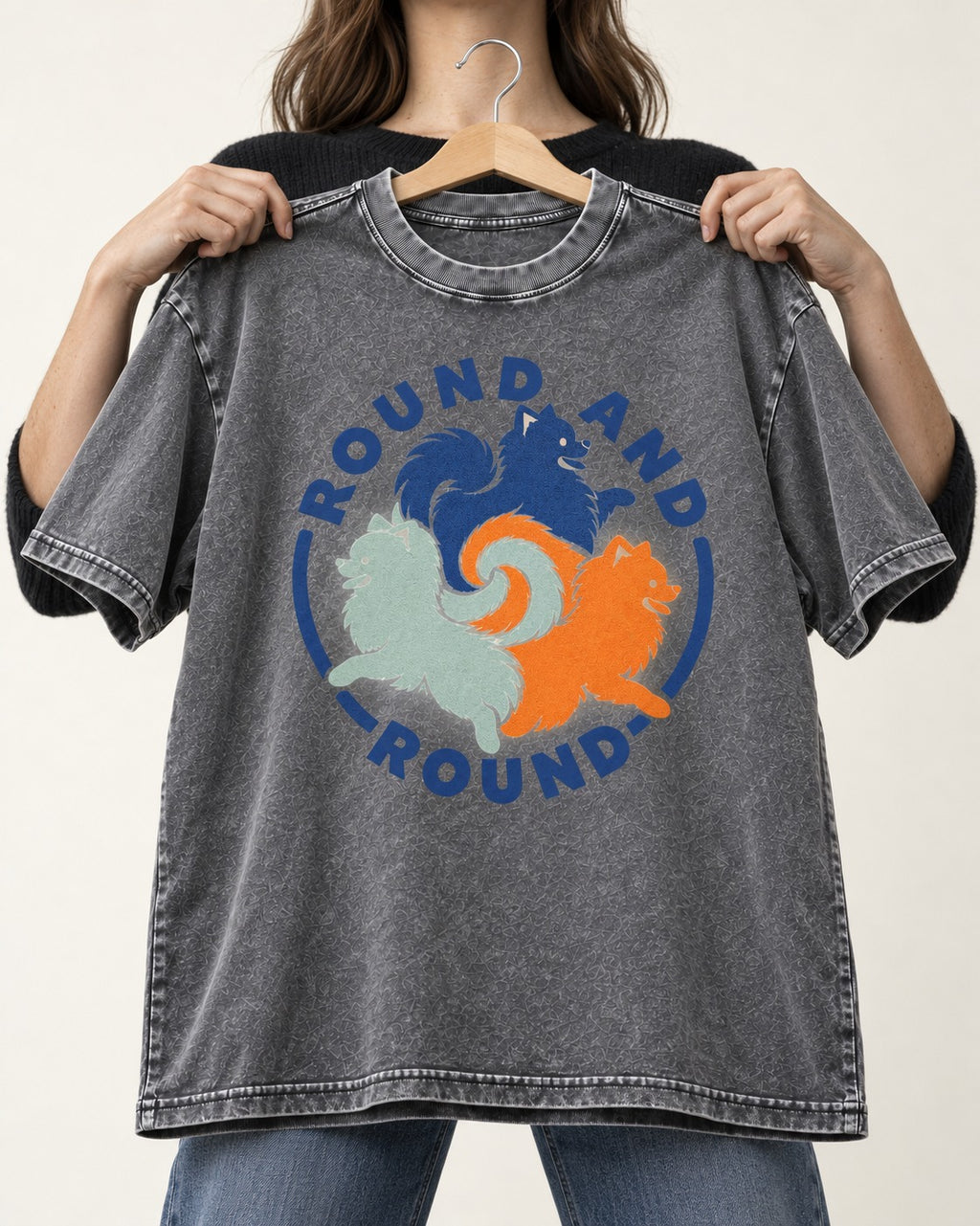 Pomeranian Round and Round Washed Tee in Gray, held up on a hanger
