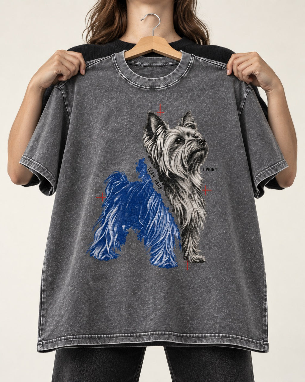 Yorkshire Terrier I Won't Tear Here Washed Tee in Gray, held up on a hanger