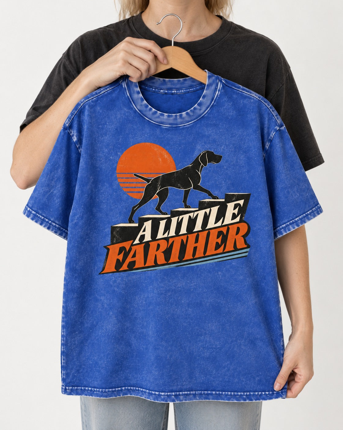 German Shorthaired Pointer A Little Farther Sunset Steps Graphic Washed Tee in Royal Blue, held up on a hanger