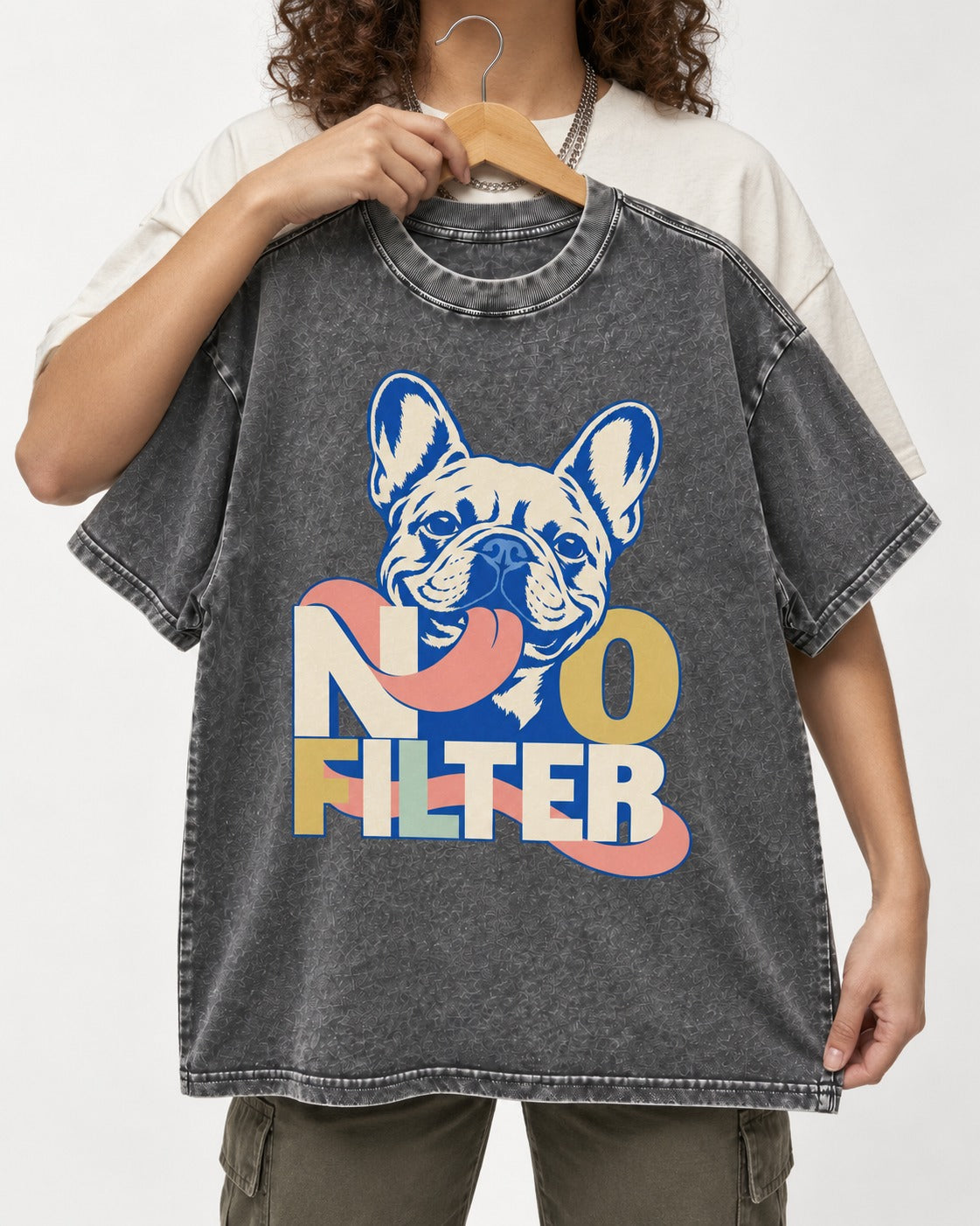 No Filter Frenchie Washed Tee in Gray, held up on a hanger