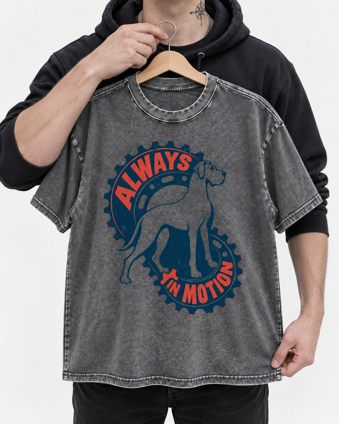 Great Dane Always in Motion Washed Tee in Gray, held up on a hanger