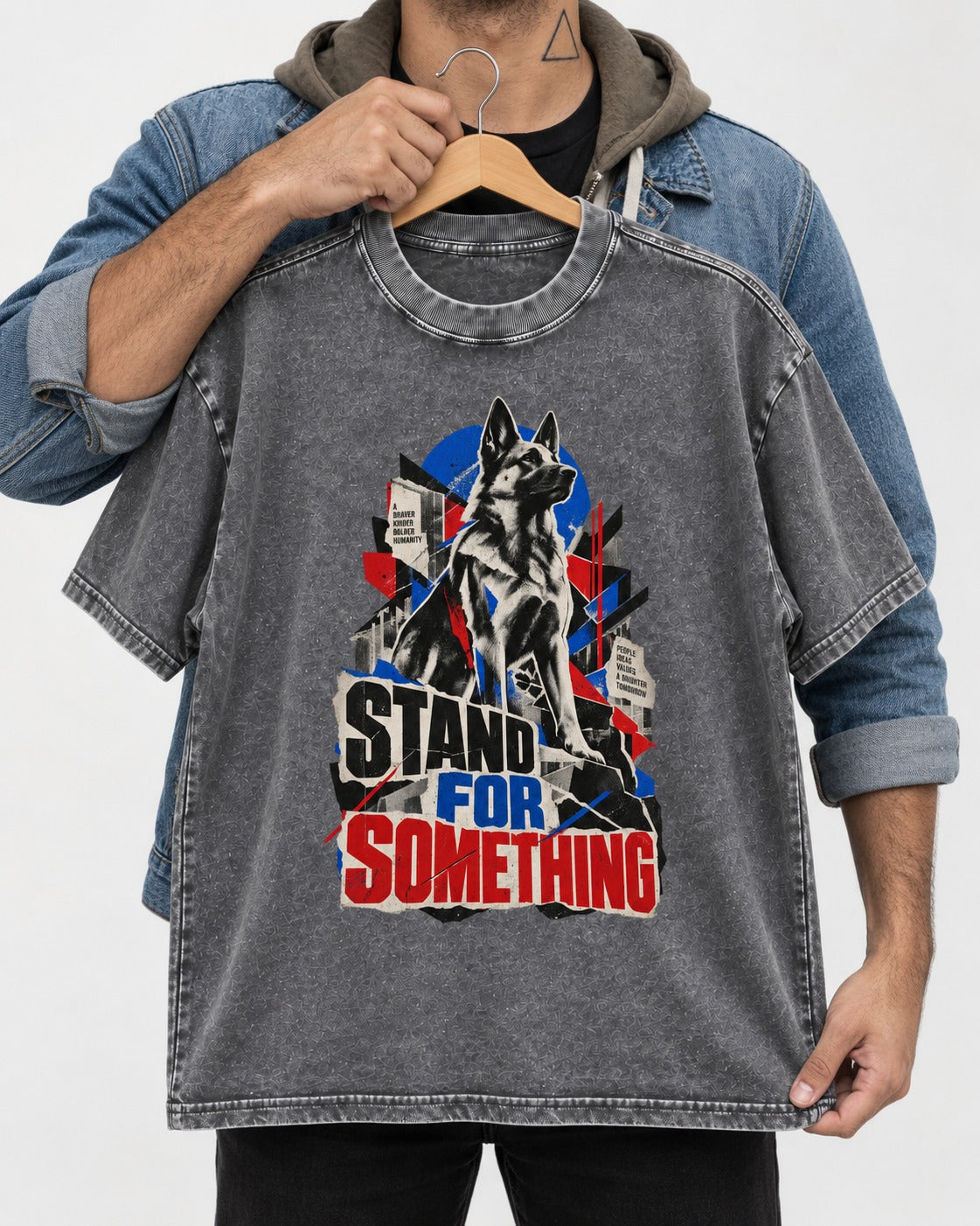 Stand For Something Brutalist Collage German Shepherd Dog Graphic Washed Tee in Gray, held up on a hanger