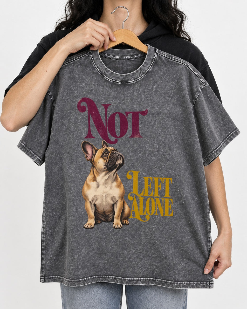 Frenchie Not Left Alone Washed Tee in Gray, held up on a hanger