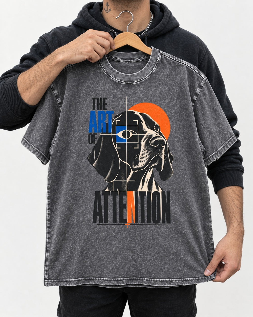 German Shorthaired Pointer Attention Washed Tee in Gray, held up on a hanger