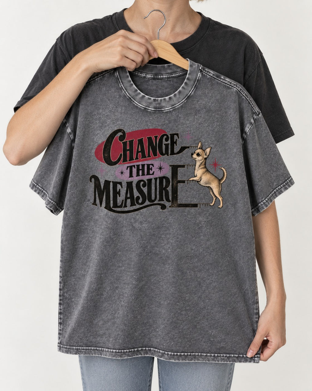 Change the Measure Chihuahua Washed Tee in Gray, held up on a hanger