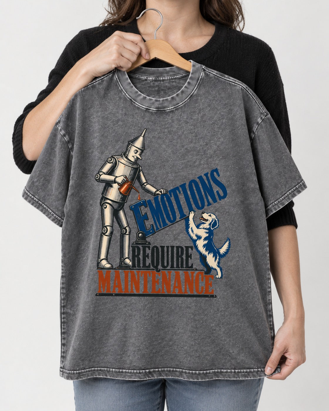 Golden Retriever Emotions Require Maintenance Washed Tee in Gray, held up on a hanger