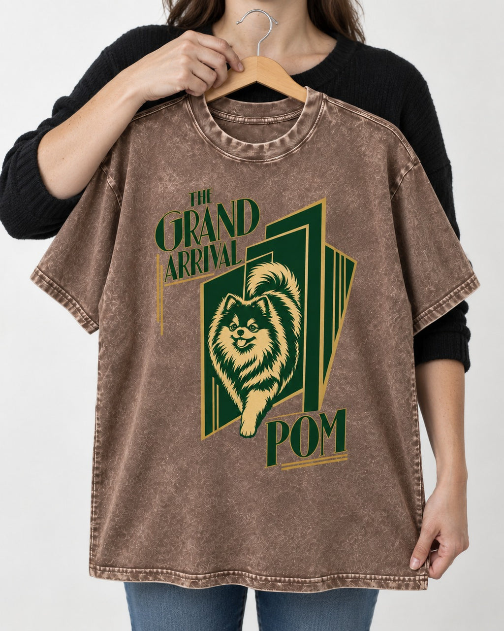The Grand Arrival Pomeranian Washed Tee in Coffee, held up on a hanger