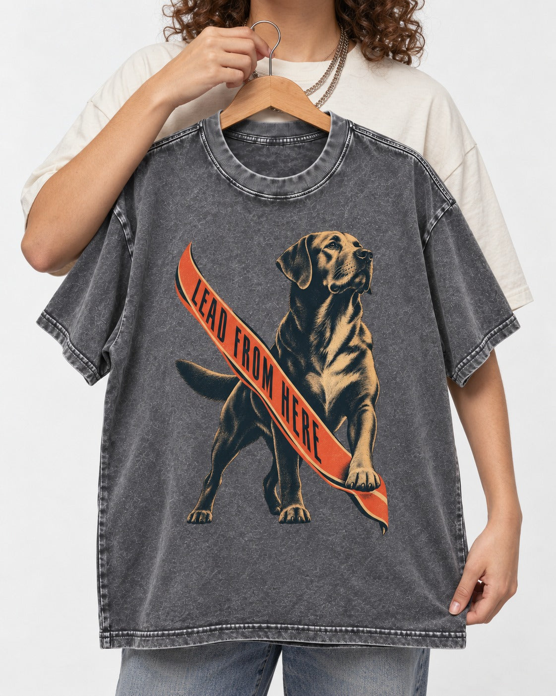 Lead From Here Labrador Retriever Washed Tee in Gray, held up on a hanger