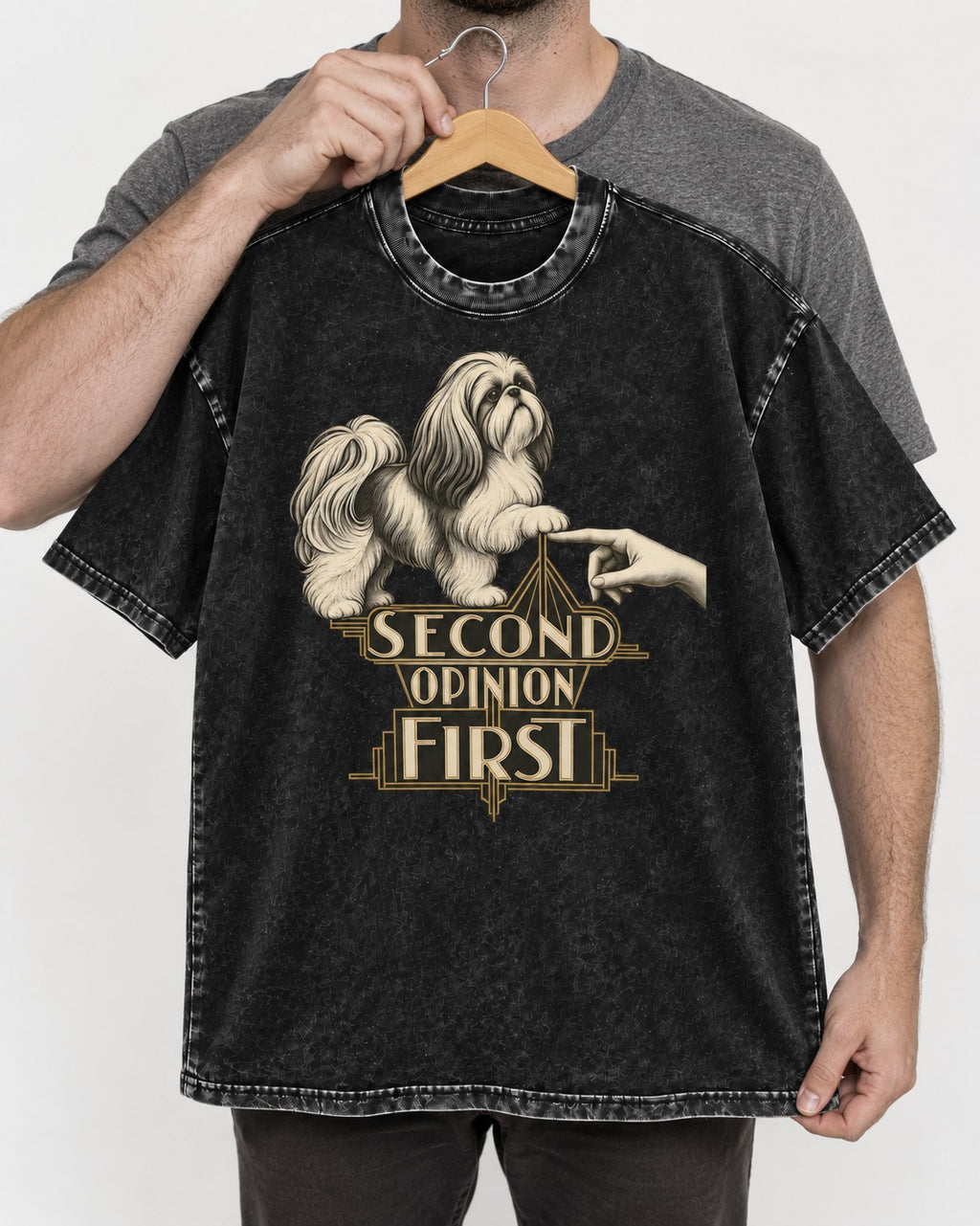Shih Tzu Second Opinion First Art Deco Graphic Washed Tee in Black, held up on a hanger