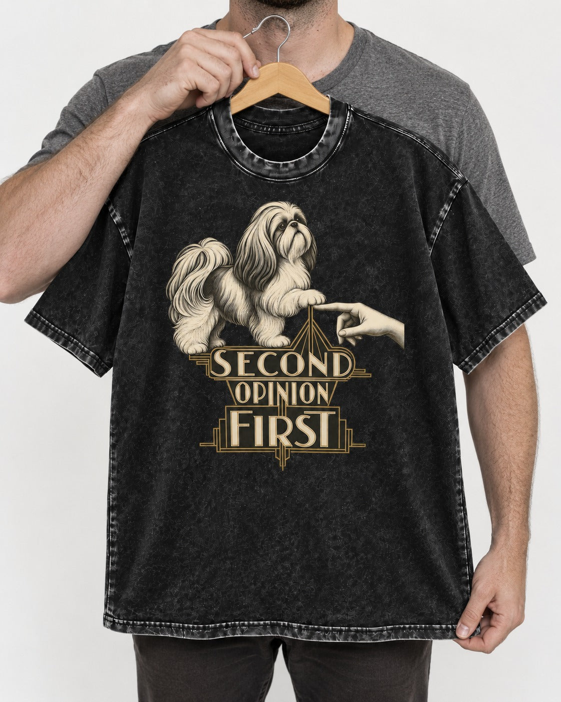 Shih Tzu Second Opinion First Art Deco Graphic Washed Tee in Black, held up on a hanger
