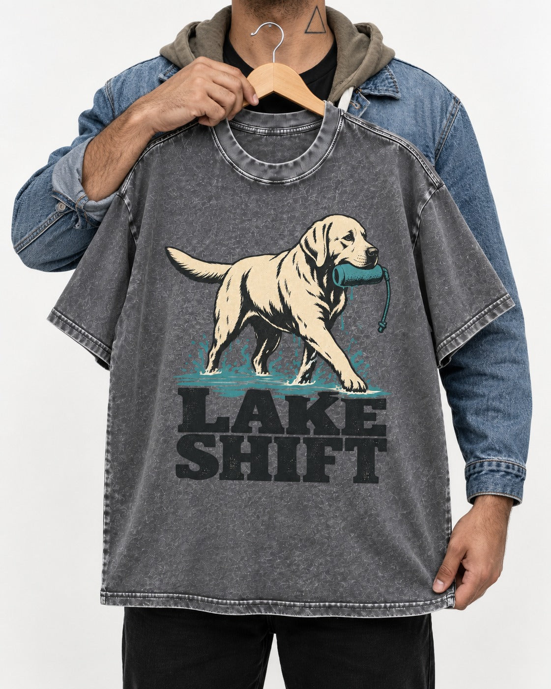 Lake Shift Labrador Retriever Washed Tee in Gray, held up on a hanger
