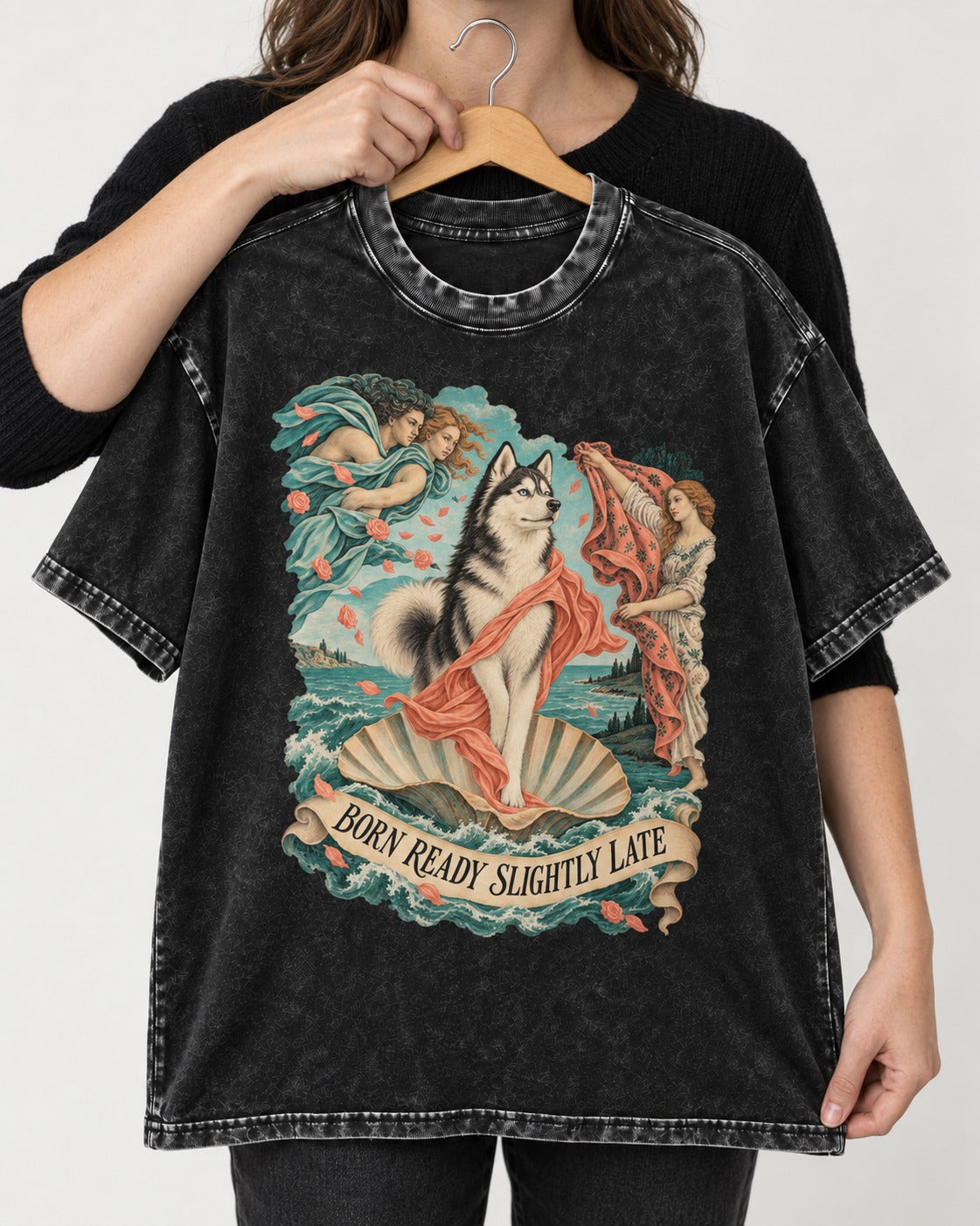 Husky Born Ready Slightly Late Renaissance Graphic Washed Tee in Black, held up on a hanger