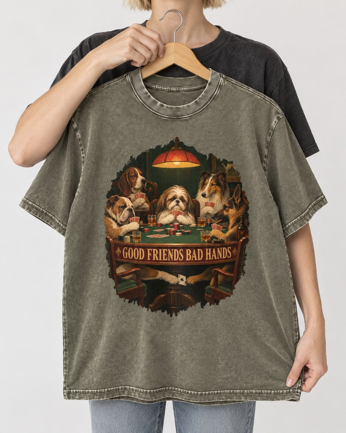 Shih Tzu Good Friends Bad Hands Poker Night Graphic Washed Tee in Army Green, held up on a hanger