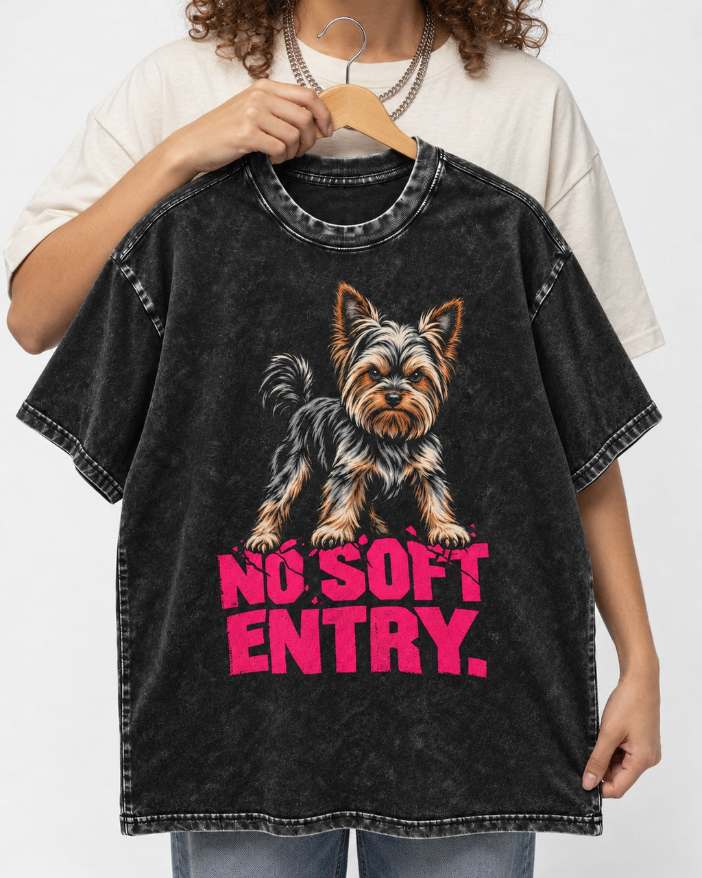 Yorkshire Terrier No Soft Entry Stance Graphic Washed Tee in Black, held up on a hanger