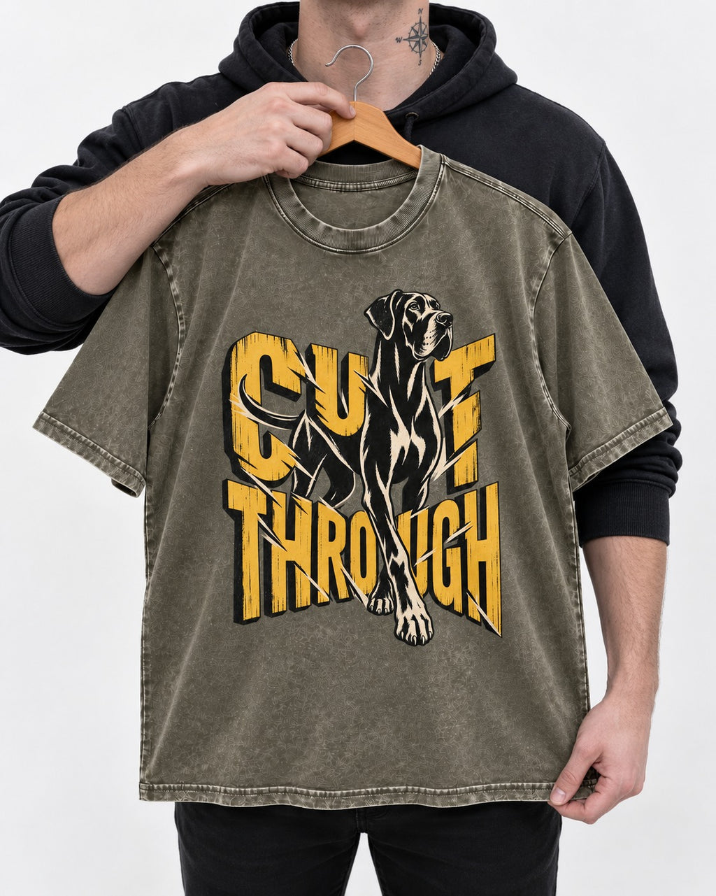 Great Dane Cut Through Breaking Type Graphic Washed Tee in Army Green, held up on a hanger