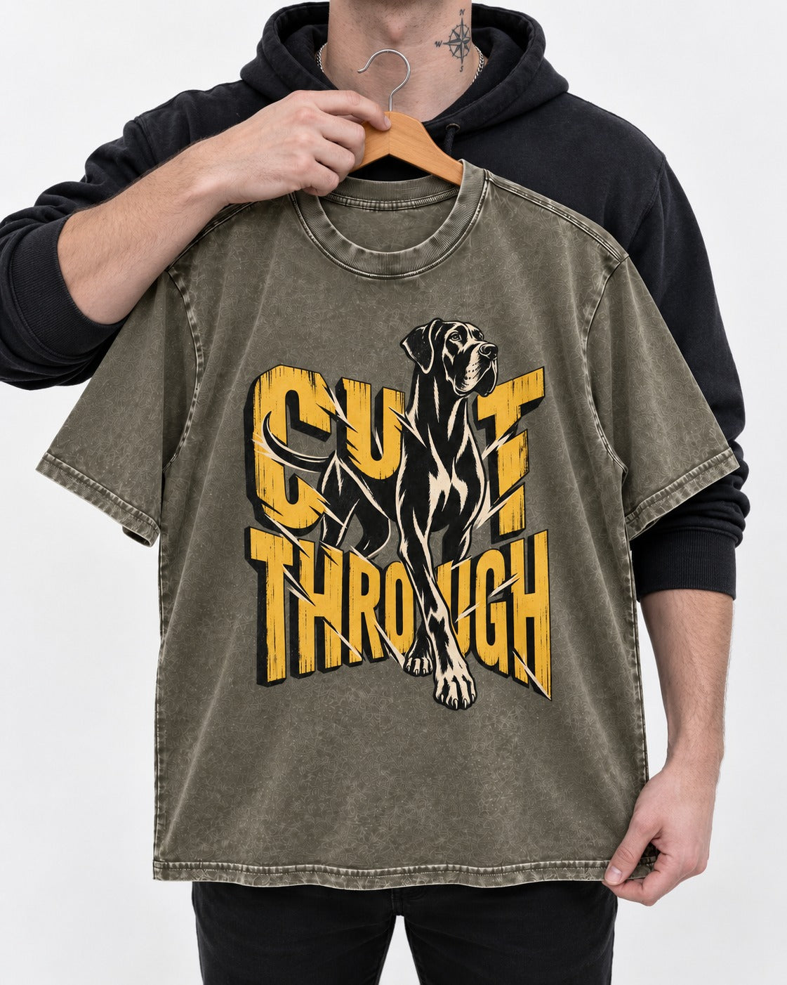 Great Dane Cut Through Breaking Type Graphic Washed Tee in Army Green, held up on a hanger
