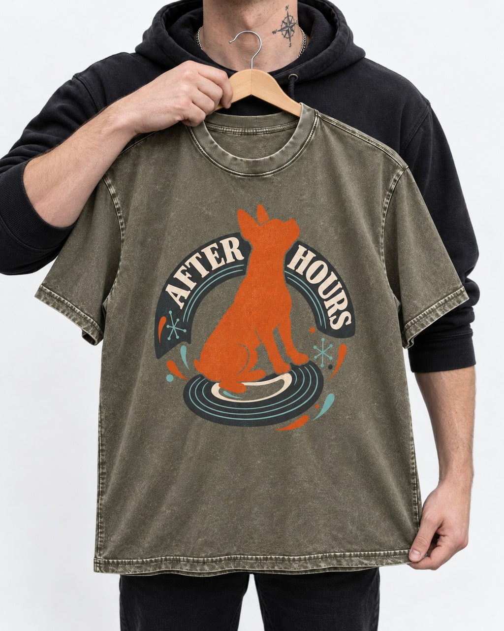 After Hours Boston Terrier Record Graphic Washed Tee in Army Green, held up on a hanger